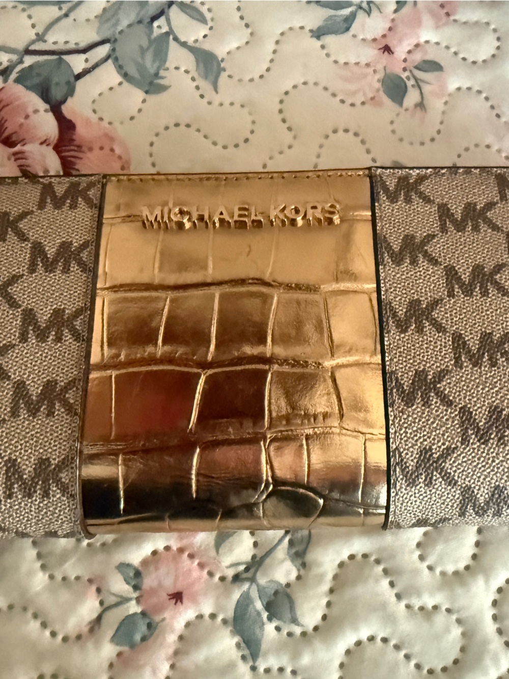 Michael Kors Beige and Gold Logo Croc-Accent Continental Wallet